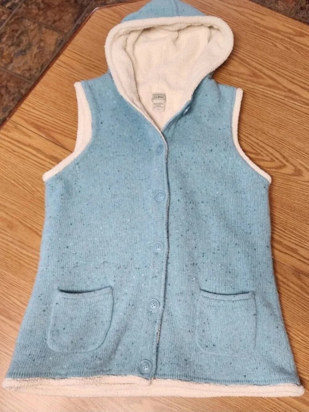 L.L.Bean Womens Vest With Hood Size Medium Lambswool Blend Shepra Lined (C113)